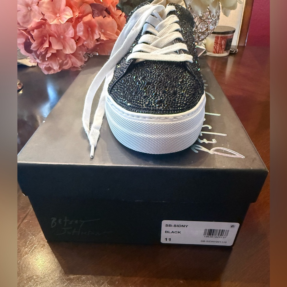 New Betsey Johnson Black Sidny Rhinestone Sneakers - Picture 2 of 6